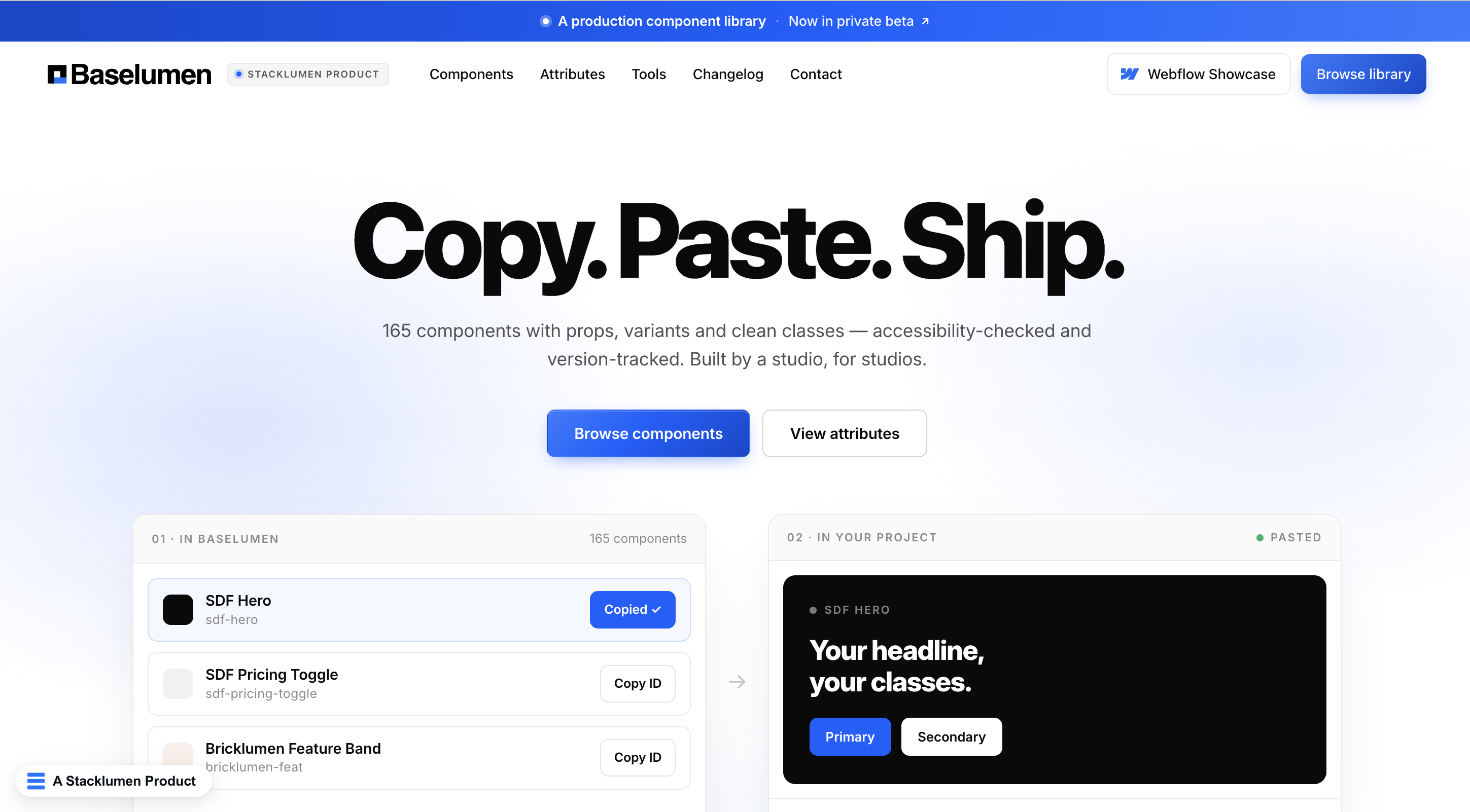 The Baselumen component library, showing versioned production-ready components